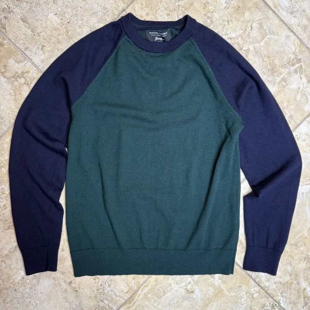 Banana Republic Men’s Merino Wool By Baruffa Sweater M Sea Green Navy Raglan
